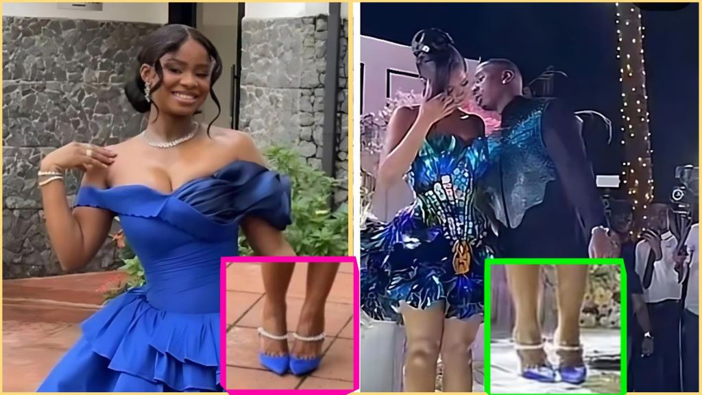 Side-by-side collage of Priscilla Ojo smiling in a blue off-shoulder gown and at her wedding reception in a butterfly-themed dress, both showing the same pair of blue heels with pearl ankle straps highlighted.
