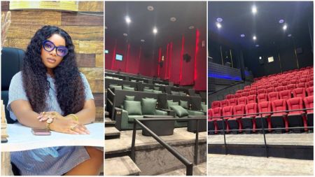 Former BBNaija star Queen Mercy Atang sits elegantly at a desk wearing a striped dress and blue glasses, alongside images of a modern cinema interior featuring luxury green recliner seats with pillows and a large hall filled with red theatre chairs.