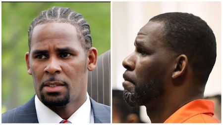 Side-by-side photos of R Kelly showing his appearance before and during prison — the left image shows him in a suit with braided hair, while the right shows him in profile wearing an orange prison uniform with a greying beard.