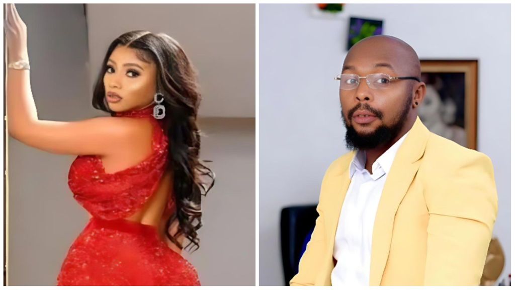 Nigerian media personality Radioga pictured in a yellow blazer beside BBNaija star Mercy Eke, who stuns in a sleeveless red gown with open-back detail.