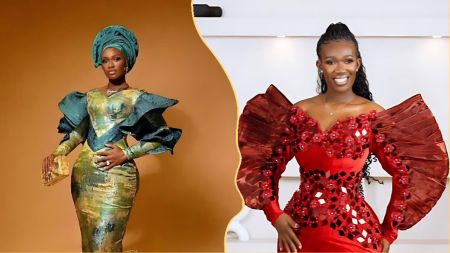Real Warri Pikin poses in two elegant looks — one in a green metallic gown with statement sleeves and matching gele, and another in a bold red dress adorned with floral and crystal embellishments.