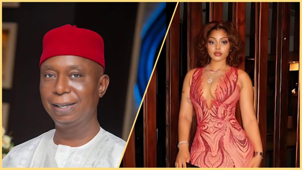 Senator Ned Nwoko and actress Regina Daniels pictured side by side in a split image — Nwoko wearing a white outfit with a red cap, and Daniels dressed in a fitted sleeveless gown.