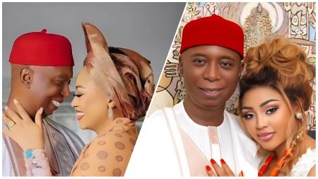 Regina Daniels and her husband, Senator Ned Nwoko, share affectionate moments in a traditional and formal photoshoot, both smiling warmly in coordinated attire and red caps.
