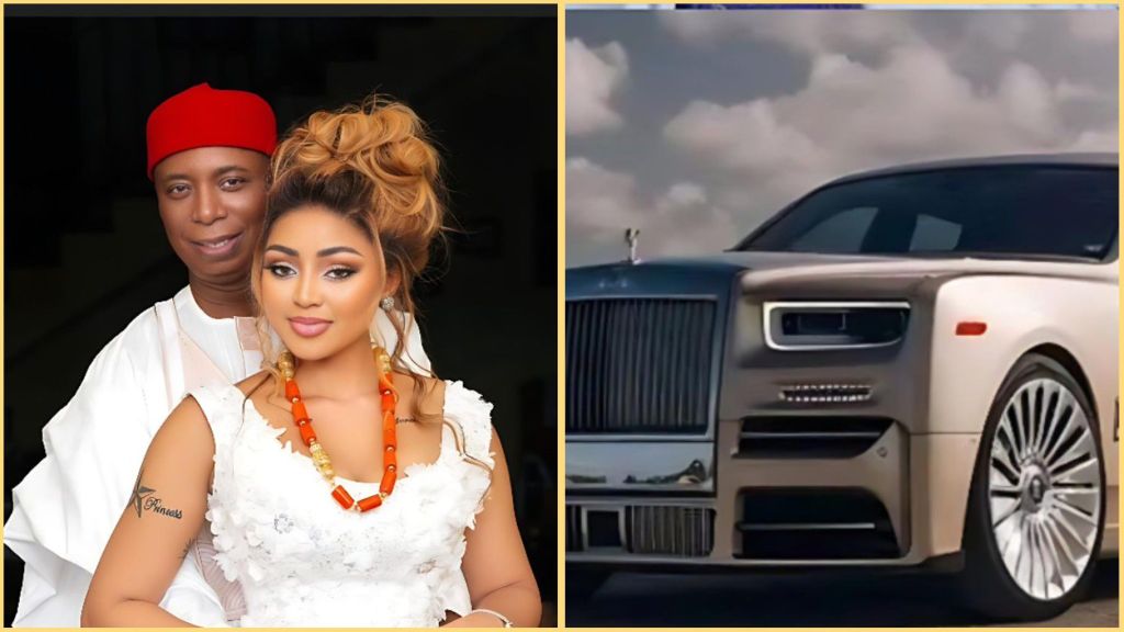 Regina Daniels and her husband, Ned Nwoko, pose elegantly in traditional attire beside a luxury Rolls Royce Phantom, symbolising wealth and affection.