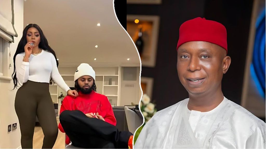 Regina Daniels’ brother poses beside her in a living-room setting while Nigerian senator Ned Nwoko appears separately in a traditional white outfit and red cap, representing the ongoing public dispute between the family members.
