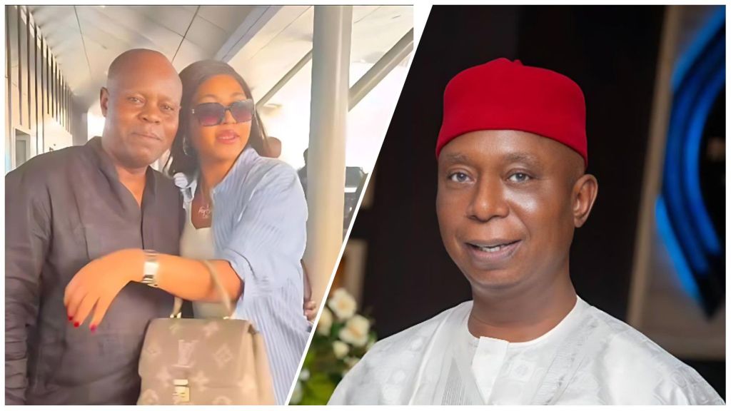 Regina Daniels poses affectionately with her father Jude Ojeogwu in a public setting, while a separate image shows her husband, Senator Ned Nwoko, dressed in traditional attire and a red cap.
