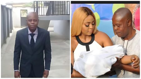 Side-by-side photos of Regina Daniels’ father, Jude Ojegwu. On the left, he wears a dark suit and tie while standing outdoors in a compound; on the right, he is seen holding an infant as Regina Daniels looks on during a family event.