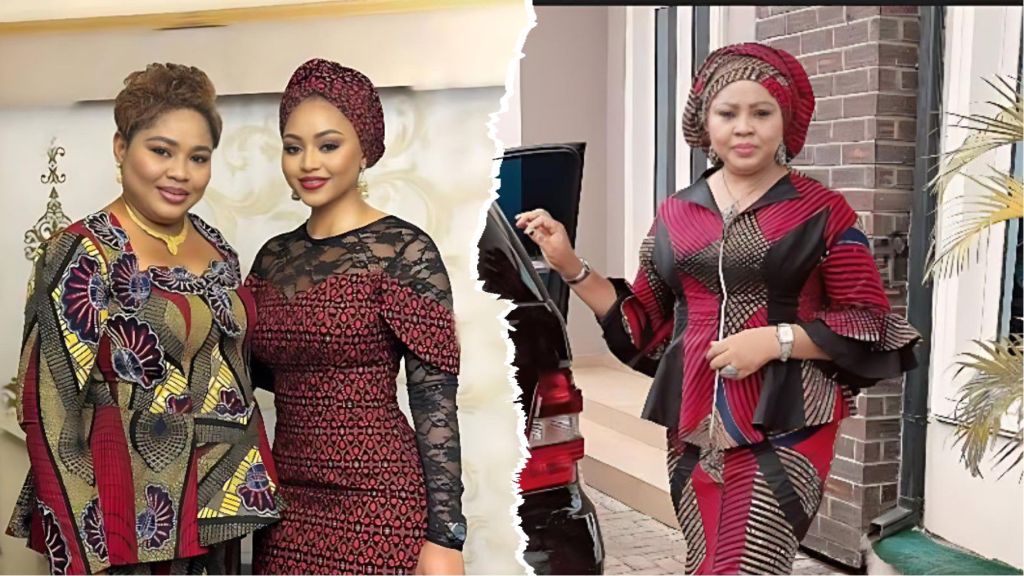 Regina Daniels poses with her mother Rita Daniels in elegant Ankara outfits, showcasing matching red and patterned styles in a split collage.