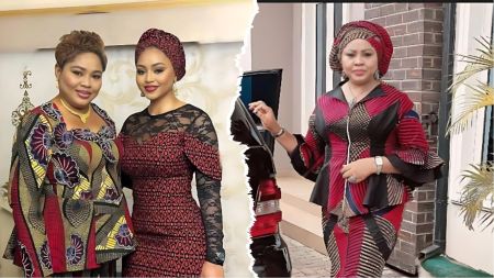 Regina Daniels poses with her mother Rita Daniels in elegant Ankara outfits, showcasing matching red and patterned styles in a split collage.