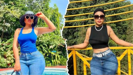 Split collage showing Nigerian actress Regina Daniels posing outdoors — one side in a blue tank top and hat by a pool, the other in a black sleeveless top and jeans against a yellow railing.