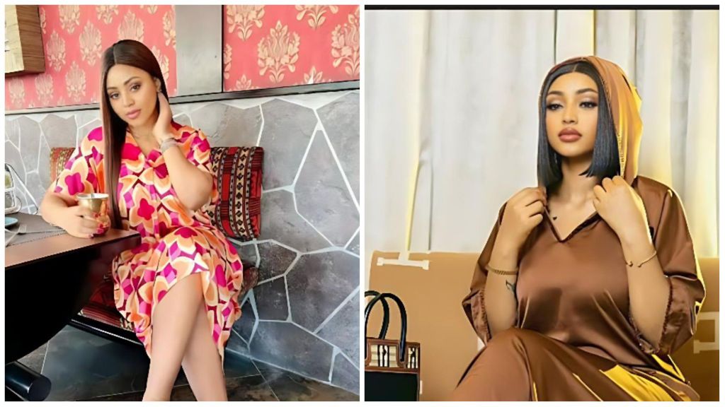Regina Daniels sits in two elegant indoor settings. In the first image, she wears a colourful patterned dress while holding a cup at a restaurant. In the second, she appears in a silky brown outfit with a hood, posing calmly on a sofa beside a black handbag.