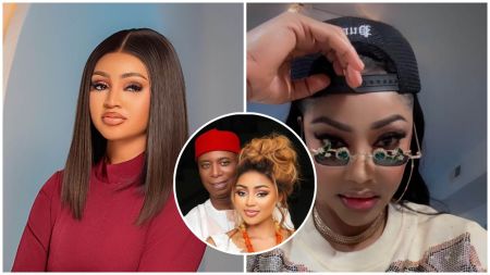 A collage featuring Nollywood actresses Regina Daniels and Angela Okorie. On the left, Regina Daniels poses in a red outfit with straight hair and neutral makeup. The right side shows Angela Okorie wearing a cap, sunglasses with green gem details, and a gold chain. The centre inset displays Regina Daniels and her husband, Senator Ned Nwoko, smiling together in traditional attire.