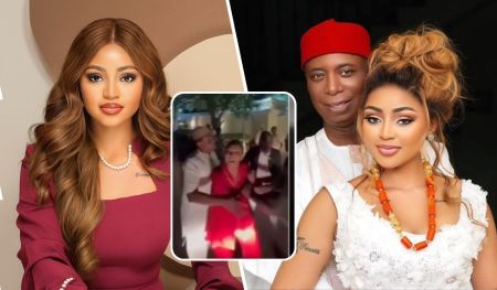 Regina Daniels and her husband Ned Nwoko, with an inset image showing a tense moment reportedly captured during an alleged domestic dispute.