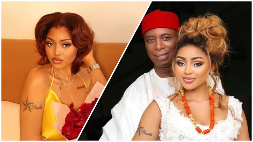 A collage featuring Nigerian actress Regina Daniels in two frames: on the left, she poses in a yellow dress holding red roses, and on the right, she appears alongside her husband, billionaire politician Ned Nwoko, dressed in white traditional attire.
