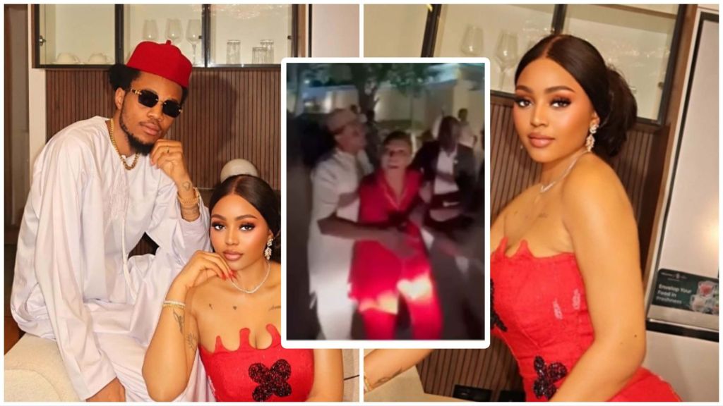 Sammy West and Regina Daniels pose together in matching red and white outfits, while the inset shows a tense night scene where a man, identified as Senator Ned Nwoko, holds Regina in a red outfit as others gather around.