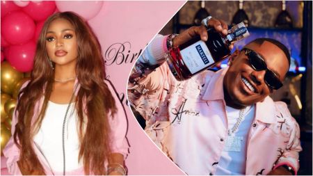Regina Daniels and Timini Egbuson pictured side by side; Regina stands before pink balloons at her birthday celebration, while Timini smiles holding a bottle of Martell Blue Swift.