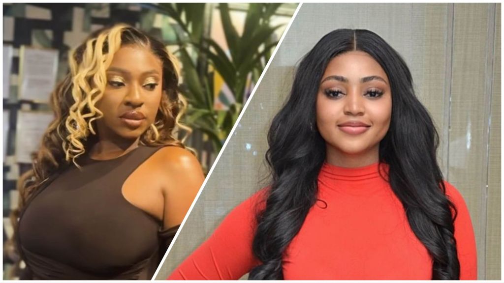 Side-by-side image showing Nigerian actresses Yvonne Jegede and Regina Daniels. Yvonne, on the left, wears a black sleeveless outfit with blonde-highlighted curls, while Regina, on the right, is dressed in a red high-neck top with long black hair, both posing confidently indoors.