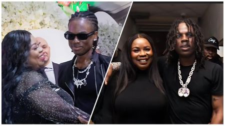 Rema poses with his mother in two side-by-side moments — on the left, they share a warm embrace at an event decorated with white flowers, and on the right, they smile together backstage in matching black outfits.