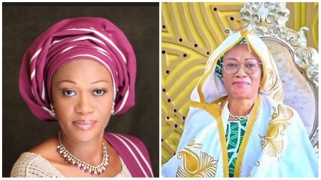 Nigerian First Lady Remi Tinubu poses in a magenta headwrap and necklace beside another image of her seated on a royal-style chair wearing a green and gold-trimmed hijab.