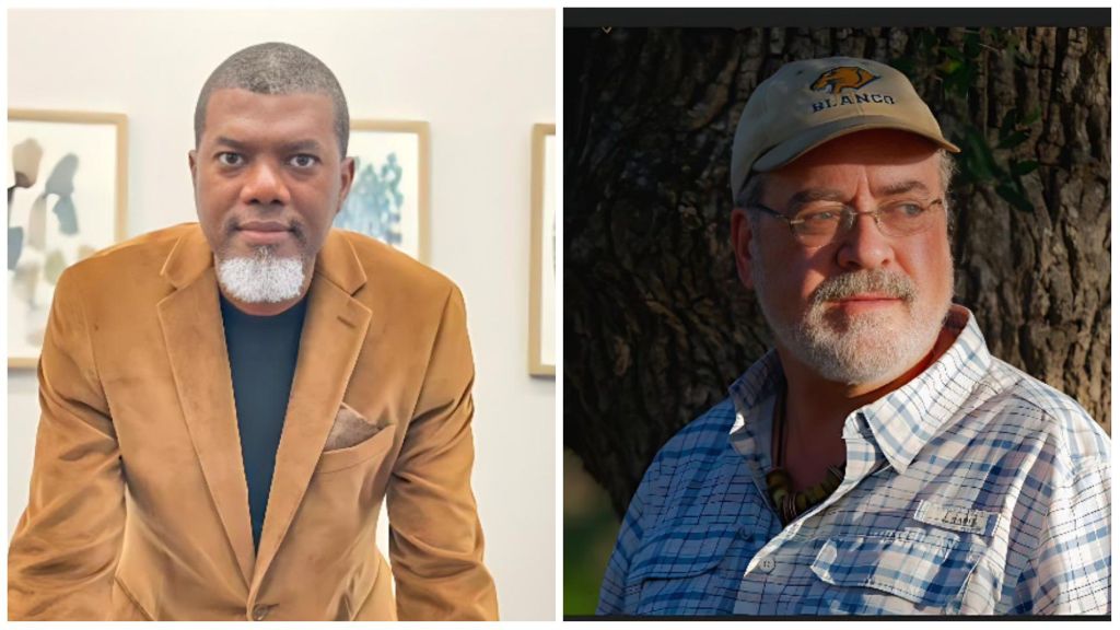 Side-by-side portraits of Reno Omokri and Mike Arnold. Reno, wearing a brown blazer over a black shirt, faces the camera indoors. Mike, in a beige “Blanco” cap and blue-checked shirt, looks away outdoors against a tree background.