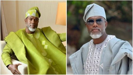 Reno Omokri appears in two portraits wearing traditional Yoruba agbada outfits. In the first image, he sits on a couch dressed in a bright green agbada with matching cap, while in the second, he stands outdoors in a light grey agbada and matching cap, wearing sunglasses.