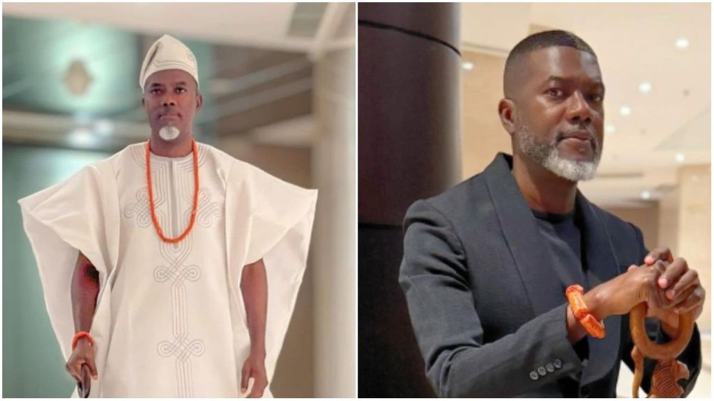 Nigerian author and political commentator Reno Omokri pictured in traditional Yoruba attire with coral beads in one photo and in a dark suit holding a carved wooden staff in another.