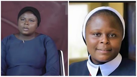 Side-by-side photos of Rev. Sr. Anastasia Kinse — on the left, she appears on a TV interview set wearing a navy blue dress and black head covering; on the right, she is shown in her nun’s habit with a white veil, looking directly at the camera with a calm expression.