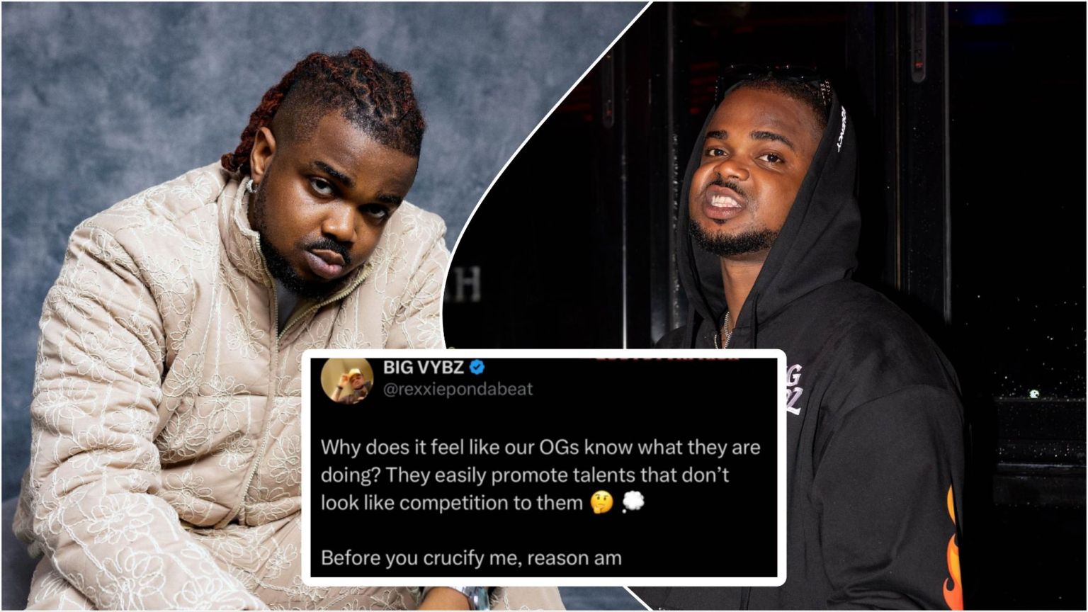 Collage photo showing Nigerian music producer Rexxie in two different outfits. On the left, he sits in a beige quilted jacket with floral patterns, looking straight at the camera. On the right, he wears a black hoodie and poses outdoors at night. In the middle, there is a screenshot of his X (Twitter) post where he says OGs promote talents that don’t look like competition to them.