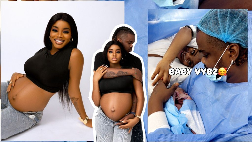 Nigerian music producer Rexxie and his partner share joyful moments from pregnancy to childbirth — one photo shows the couple posing lovingly as she cradles her baby bump, and another captures them at the hospital meeting their newborn, Baby Vybz, for the first time.
