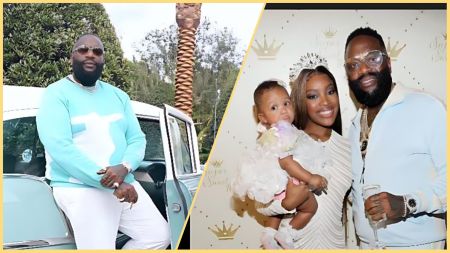 Rick Ross poses beside a vintage car in a blue-and-white outfit, while another photo shows him with Briana Singleton holding their daughter during a family celebration.