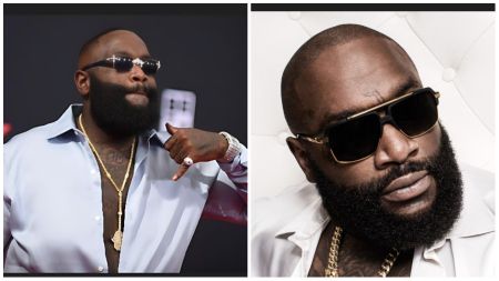 Side-by-side portraits of American rapper Rick Ross wearing sunglasses — in one photo he poses on a red carpet in an open shirt with gold chains, and in the other, he sits against a white quilted background in a close-up shot.