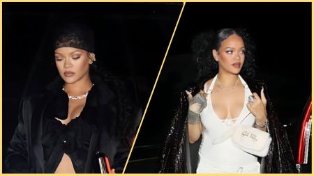 Rihanna spotted at night in Los Angeles wearing two different outfits — one in black with a lace headscarf and another in a white halter top and shiny black coat, showcasing her signature bold yet elegant fashion style.