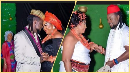 Rita Daniels and Larry Zuka exchange smiles and hand-holding moments during their traditional wedding ceremony in Ogwashi-Uku, Delta State, wearing colourful cultural attire and coral bead accessories.