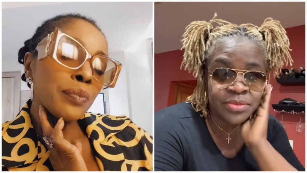 Side-by-side collage showing Nigerian actress Rita Edochie on the left in patterned gold-and-black attire with oversized sunglasses, and Yinka Theisen on the right wearing dark glasses and a black top with blonde locs styled in puffs.