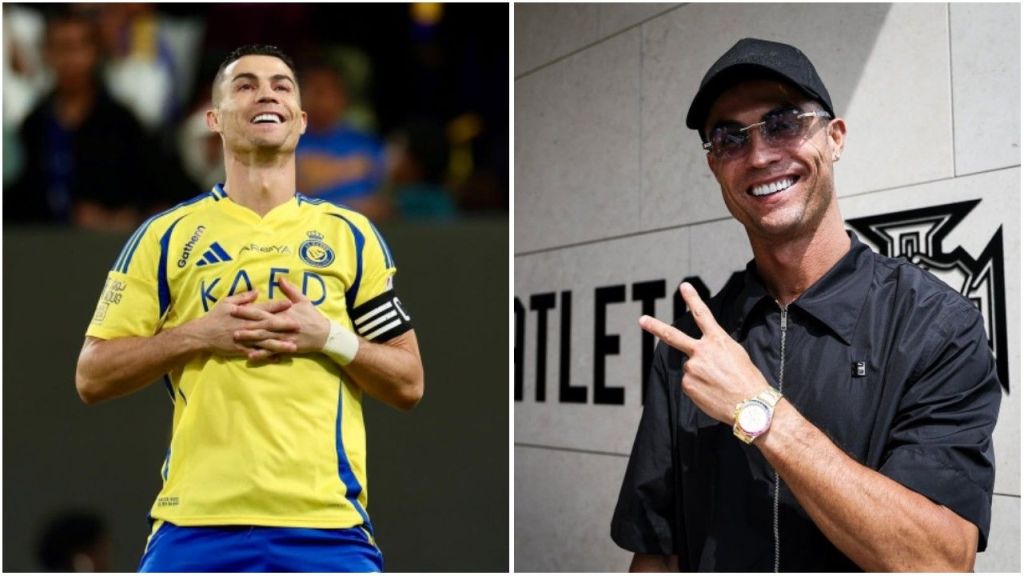 Cristiano Ronaldo is shown in two photos. In the first image, he wears Al Nassr’s yellow and blue football jersey, smiling with his hands on his chest during a match. In the second image, he poses casually in a black outfit, wearing sunglasses and a wristwatch while flashing a peace sign.