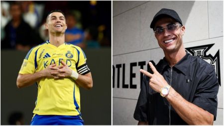 Cristiano Ronaldo is shown in two photos. In the first image, he wears Al Nassr’s yellow and blue football jersey, smiling with his hands on his chest during a match. In the second image, he poses casually in a black outfit, wearing sunglasses and a wristwatch while flashing a peace sign.