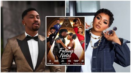 BBNaija stars Saga Adeolu and Liquorose pictured alongside the official poster of Saga’s debut film Falling Notes, released under Sagadeolu Productions.
