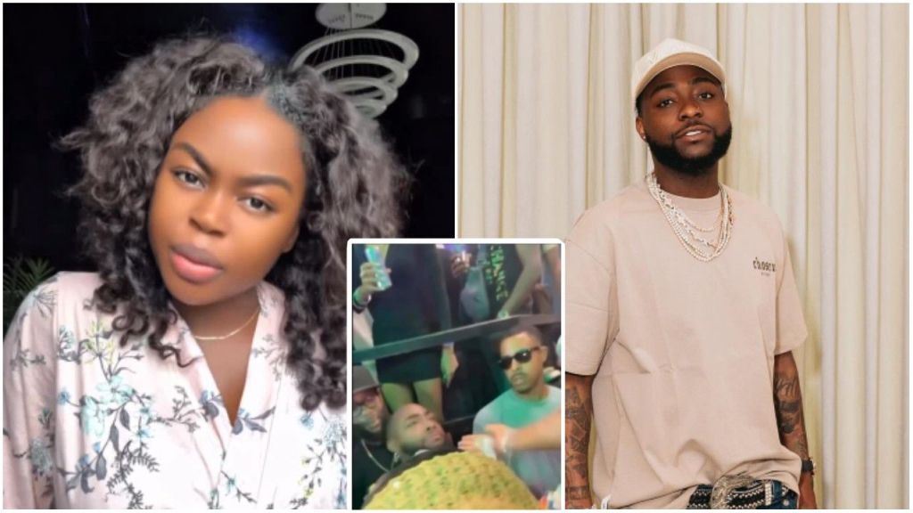 Collage of Nigerian singer Davido and skitmaker Saidaboj. On the left, Saidaboj poses in a floral top, while at the bottom centre, a small inset shows Davido at a crowded club scene. On the right, Davido is seen in a cream t-shirt, layered diamond chains, a cap, and jeans, standing against a curtain background.