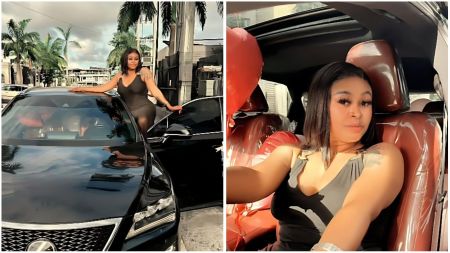 Actress Sarah Martins poses proudly with her new black Lexus SUV. In the first image, she sits on the car’s bonnet in a fitted black dress, surrounded by palm-lined streets. The second image shows her seated inside the car, smiling beside red leather seats wrapped in protective covers.