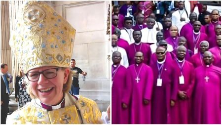 Bishop Sarah Mullally smiles in a golden ceremonial mitre and robe during a church event, while a group of Anglican bishops from the Church of Nigeria stand together wearing purple cassocks and clerical collars.