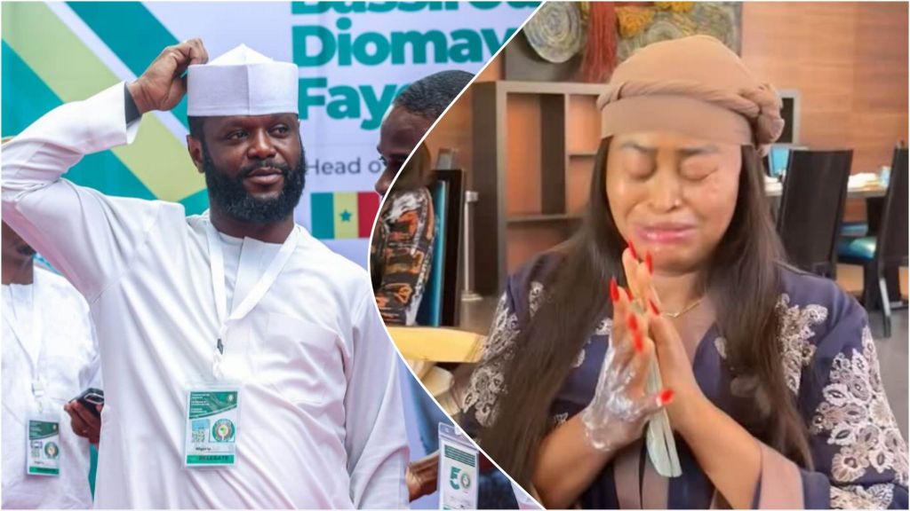 Side-by-side collage of Seyi Tinubu in a white traditional outfit and cap at a public event, and actress Sarah Martins wearing a headscarf and navy robe with her hands clasped in gratitude while appearing emotional during a restaurant moment.
