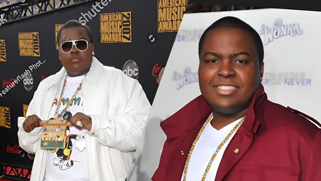 Sean Kingston poses at two red-carpet events wearing stylish outfits and chains, showing his signature confident look at award ceremonies.