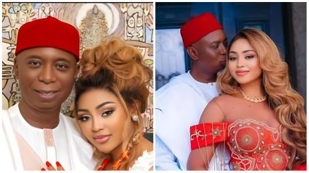 Senator Ned Nwoko and his wife, actress Regina Daniels, pose lovingly in traditional outfits — both dressed in matching white attire and red caps in one photo, and in another, the couple shares a tender moment as Ned kisses Regina on the forehead while she stuns in an embellished red gown.