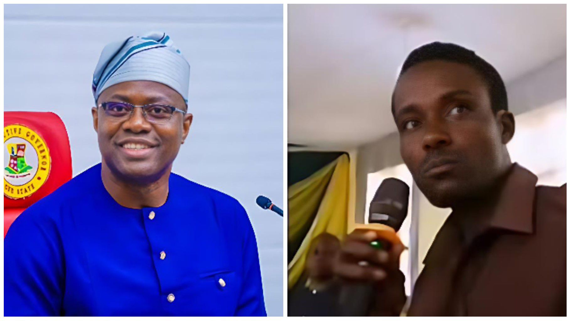 Collage showing Oyo State Governor Seyi Makinde and a security personnel. On the left, Governor Makinde is smiling while seated, dressed in a blue agbada with a grey cap, with the Oyo State Government seal visible behind him. On the right, a serious-looking man in a brown shirt holds a microphone while appearing to address an audience