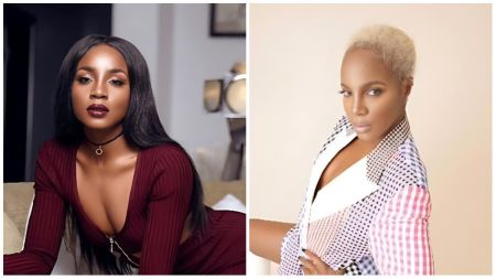 Nigerian singer Seyi Shay is seen in two portraits — one featuring her with long dark hair and a deep wine outfit, and the other showcasing her bold short blonde look in a multicoloured checkered jacket.