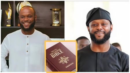 Side-by-side images showing Seyi Tinubu smiling in white and black traditional attire, with an inset of a red Holy Bible symbolising the planned nationwide distribution.
