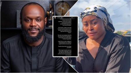 Side-by-side photo showing Seyi Tinubu smiling in a black outfit on the left, and actress Sarah Martins tearfully speaking after her encounter with the Lagos task force on the right. In the middle is a screenshot of Seyi Tinubu’s Instagram statement clarifying that friends raised the ₦20 million support fund.