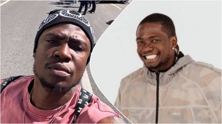 Side-by-side photos of Nigerian skitmaker Shank Comics, showing him outdoors in a casual beanie and T-shirt on the left, and smiling in a light brown jacket on the right.