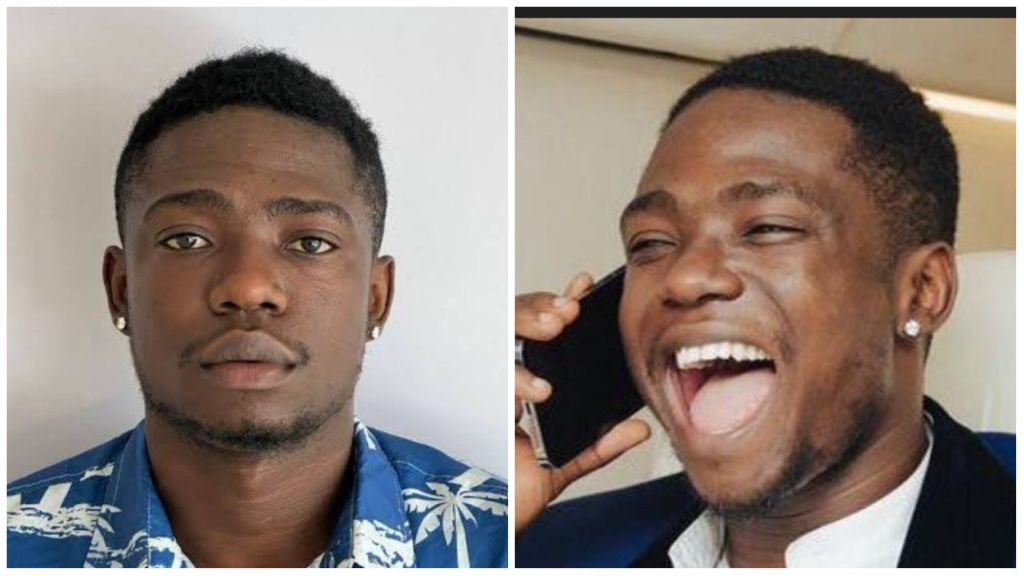 Side-by-side photos of Nigerian comedian Shank Comics — the left image shows him in a neutral pose wearing a blue patterned shirt, while the right image captures him laughing cheerfully while holding a phone.