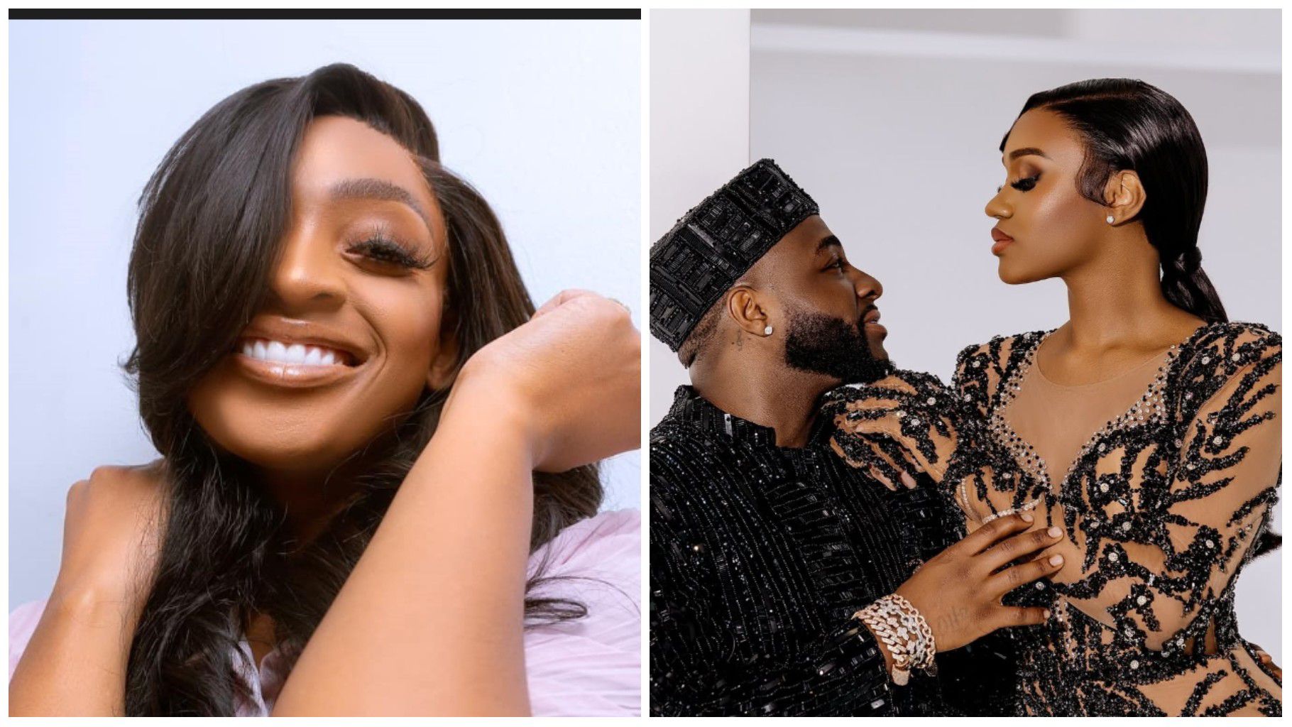 Sharon Adeleke smiling in a close-up photo, alongside a picture of singer Davido gazing at his wife Chioma, who is dressed in an embellished black gown.